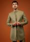 Moss Green Embroidered Indo-Western Sherwani Set In Tussar Silk