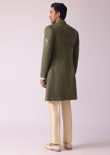 Green Embroidered Indowestern In Velvet