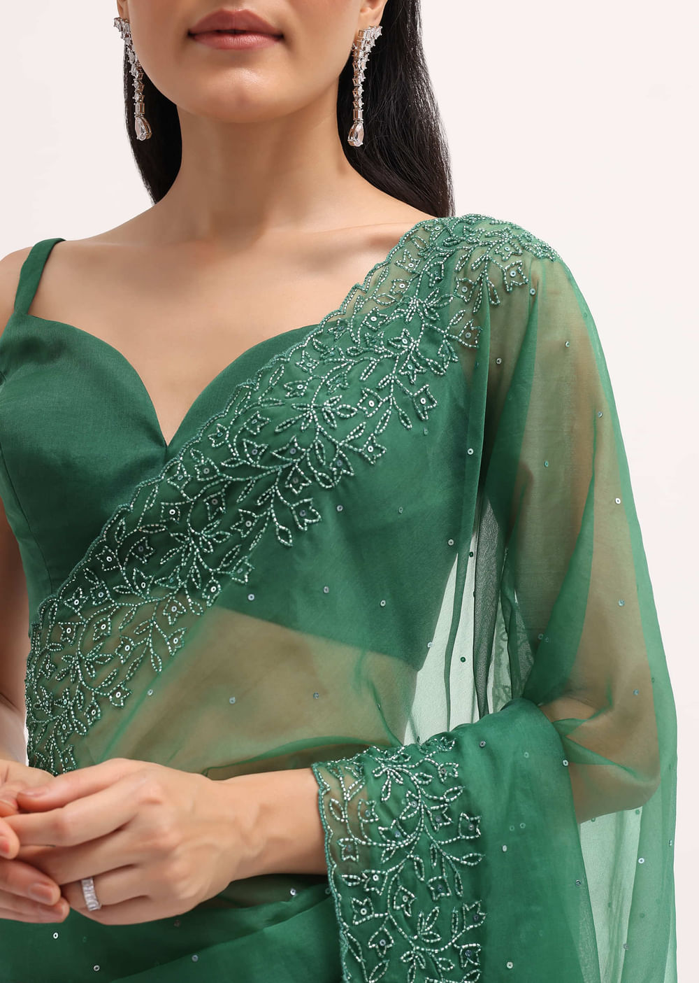 Green Embroidered Organza Saree With Unstitched Blouse