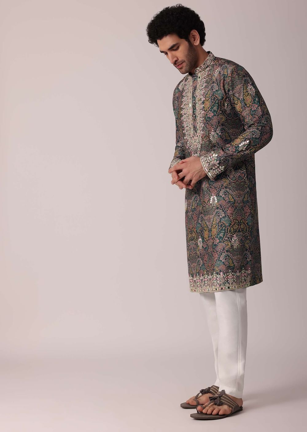 Green Festive Floral Printed Silk Kurta Set For Men