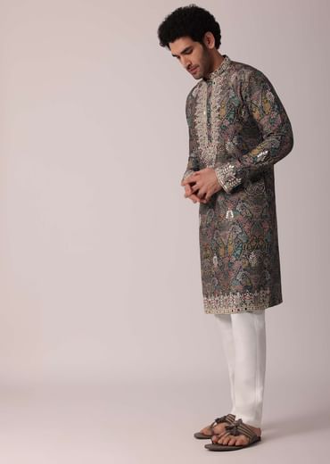 Green Festive Floral Printed Silk Kurta Set For Men