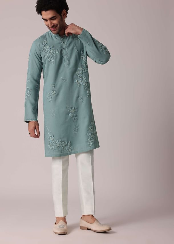 Green Linen Kurta Set For Festive