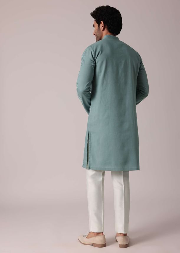 Green Linen Kurta Set For Festive