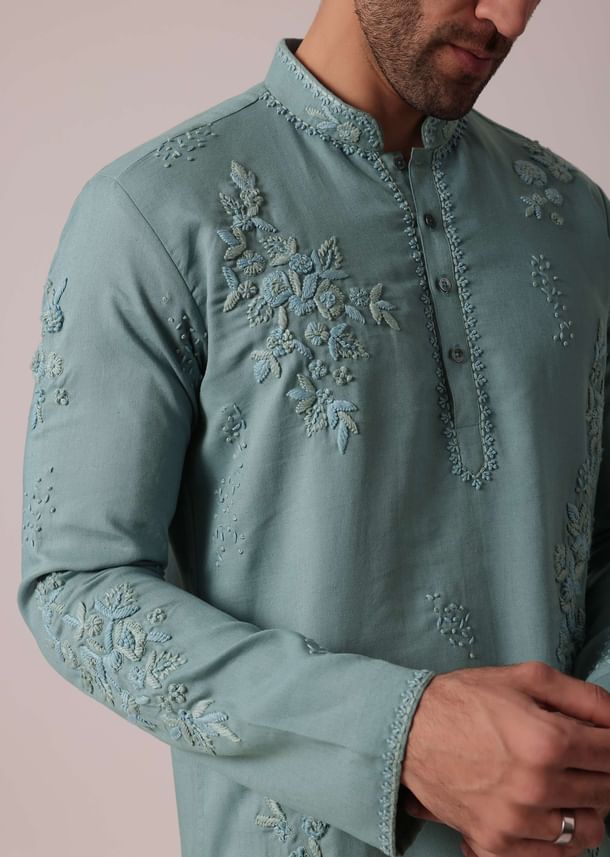 Green Linen Kurta Set For Festive