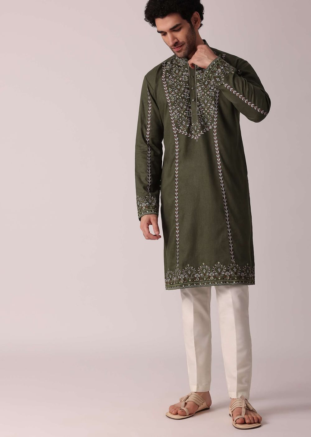 Green Festive Linen Kurta Set For Men