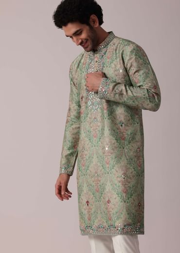 Green Festive Silk Kurta Set For Men