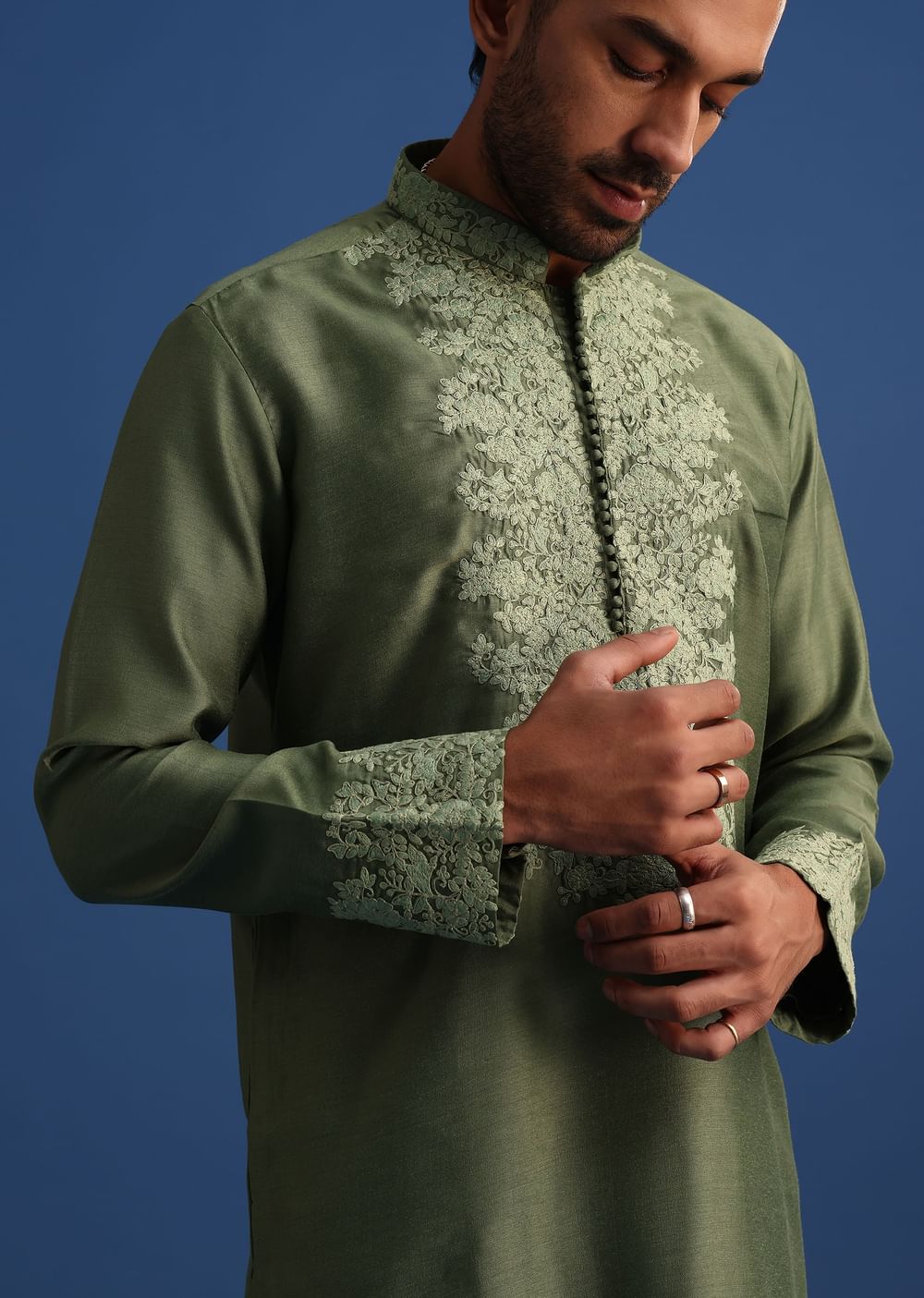 Green Floral Embroidered Kurta Set With Resham Work