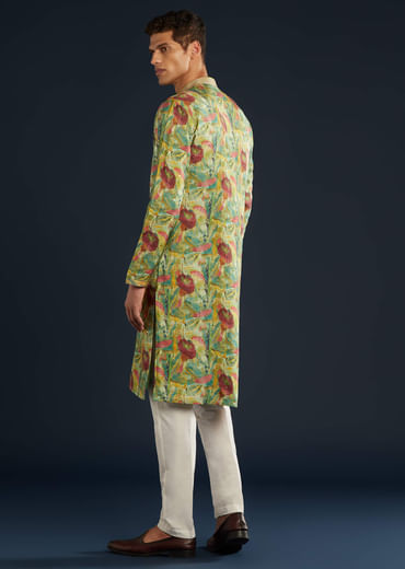 Green Floral Print Silk Kurta Set