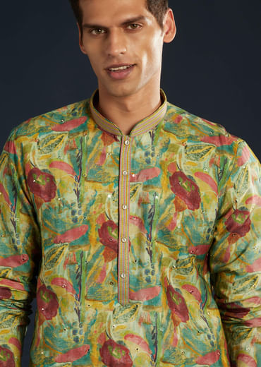 Green Floral Print Silk Kurta Set