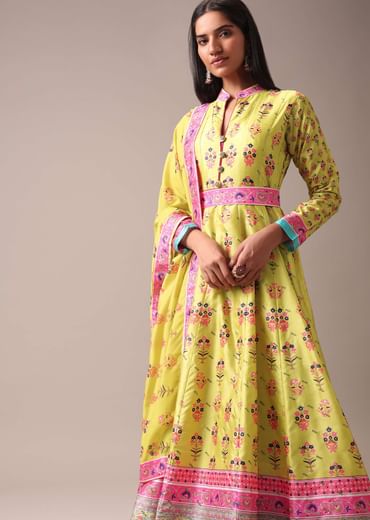 Green Floral Printed Anarkali Suit Set In Tussar Silk