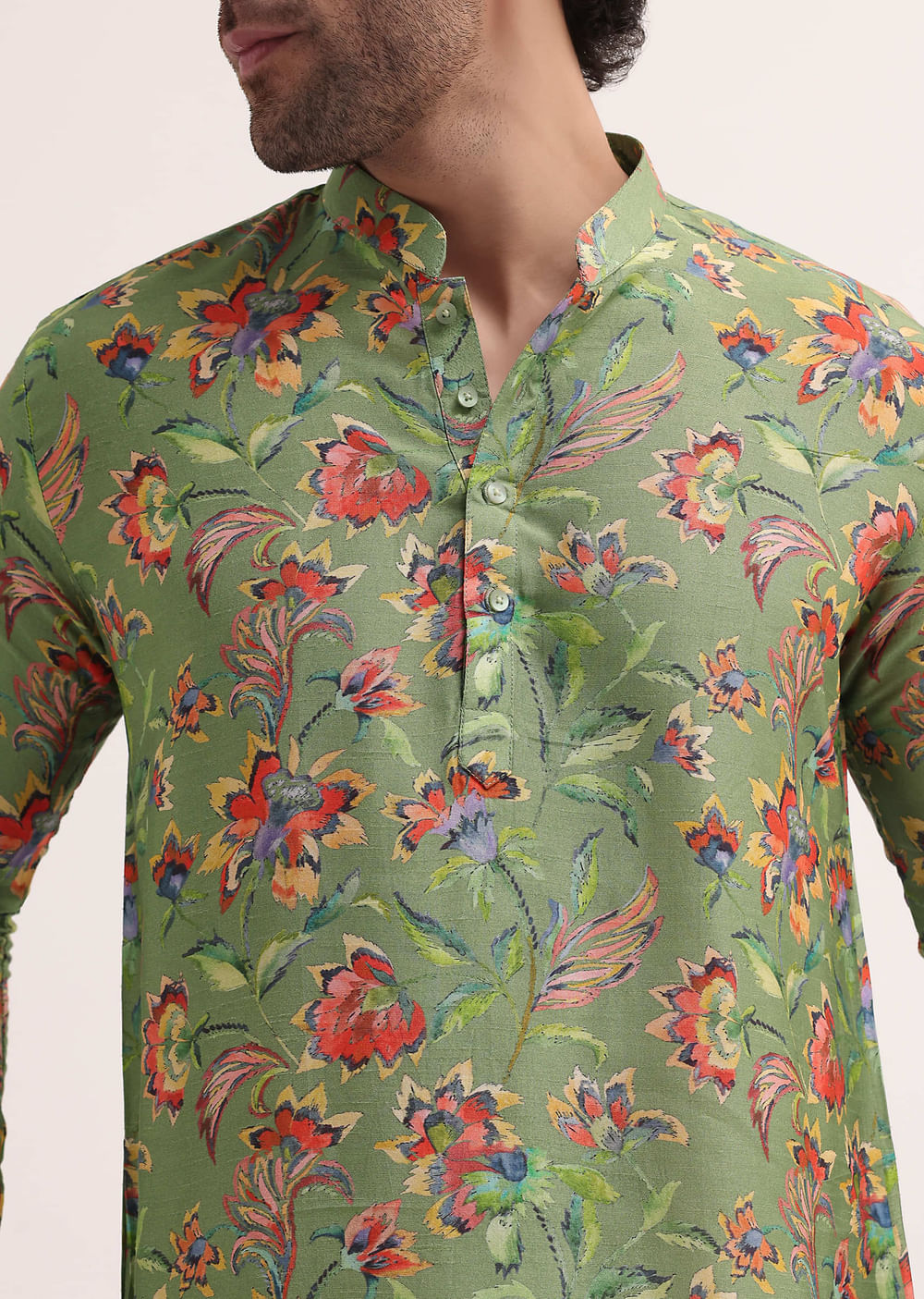 Green Floral Printed Silk Short Kurta Set For Men