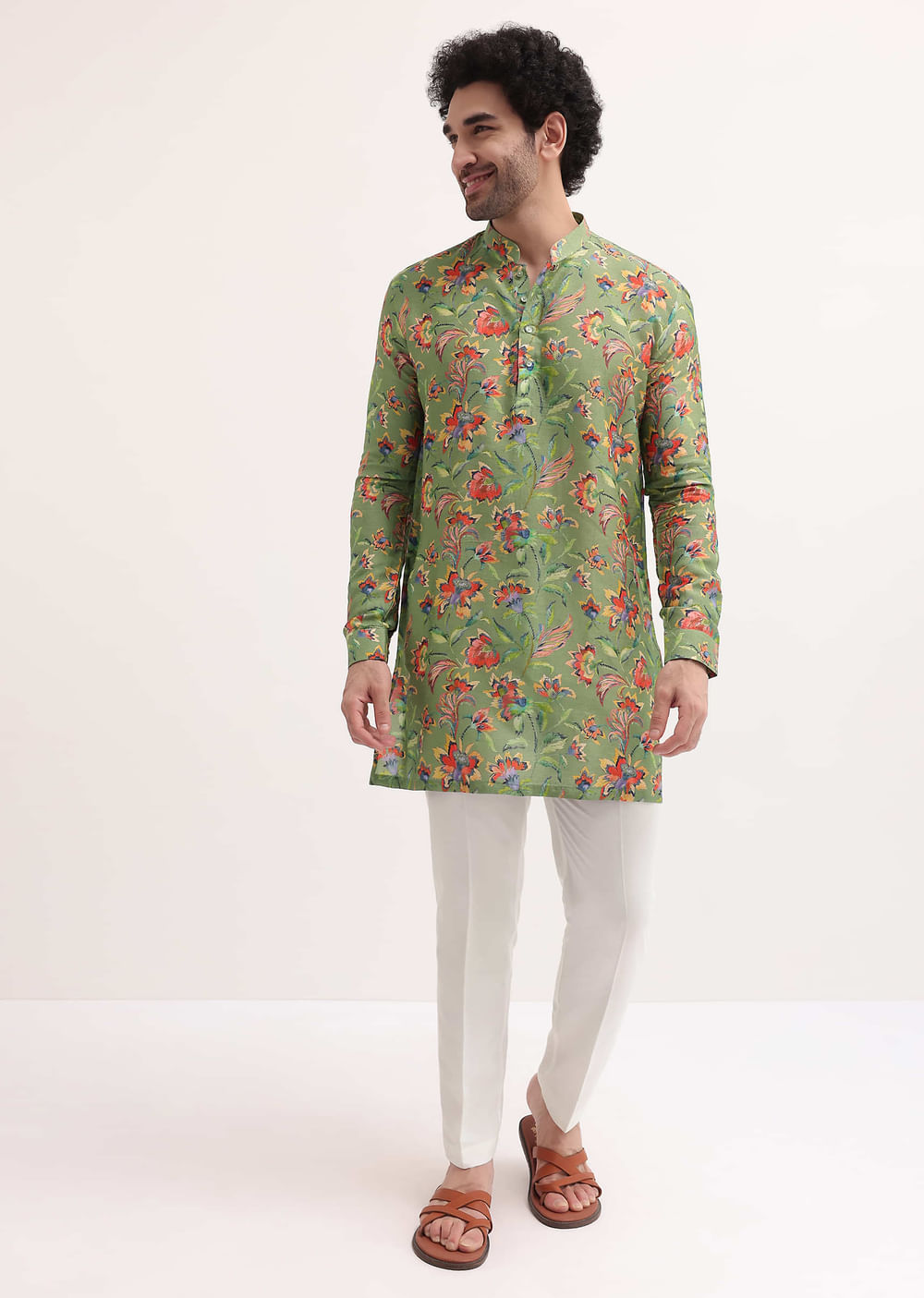 Green Floral Printed Silk Short Kurta Set For Men