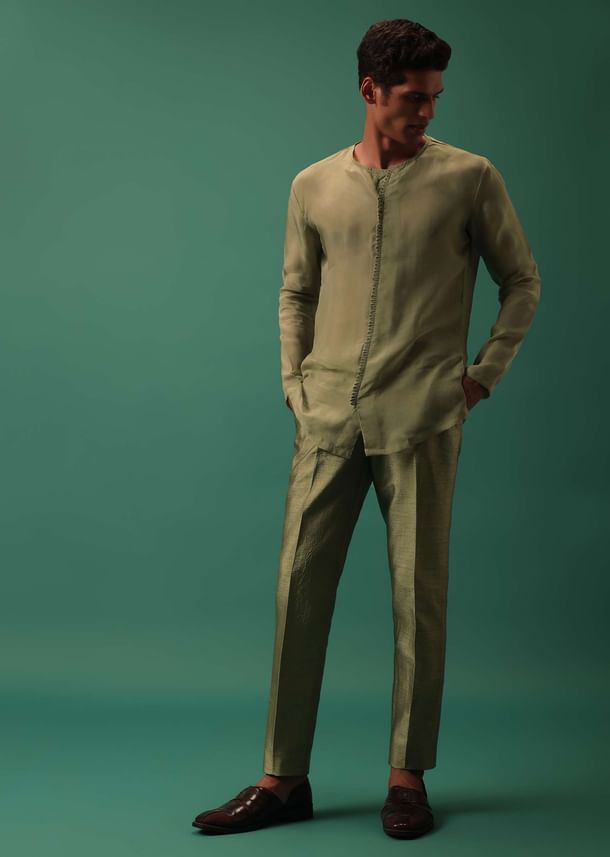 Green Foil Embroidered Jodhpuri Jacket Set With Detailed Organza Kurta Green Foil Embroidered Jodhpuri Jacket Set With Detailed Organza Kurta