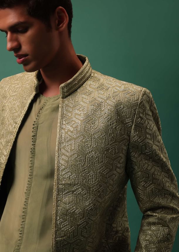 Green Foil Embroidered Jodhpuri Jacket Set With Detailed Organza Kurta Green Foil Embroidered Jodhpuri Jacket Set With Detailed Organza Kurta