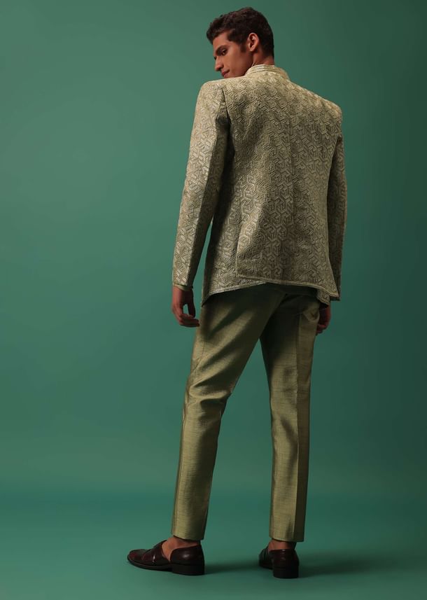 Green Foil Embroidered Jodhpuri Jacket Set With Detailed Organza Kurta Green Foil Embroidered Jodhpuri Jacket Set With Detailed Organza Kurta