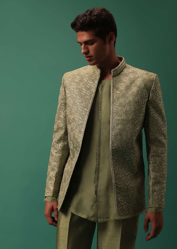 Green Foil Embroidered Jodhpuri Jacket Set With Detailed Organza Kurta Green Foil Embroidered Jodhpuri Jacket Set With Detailed Organza Kurta