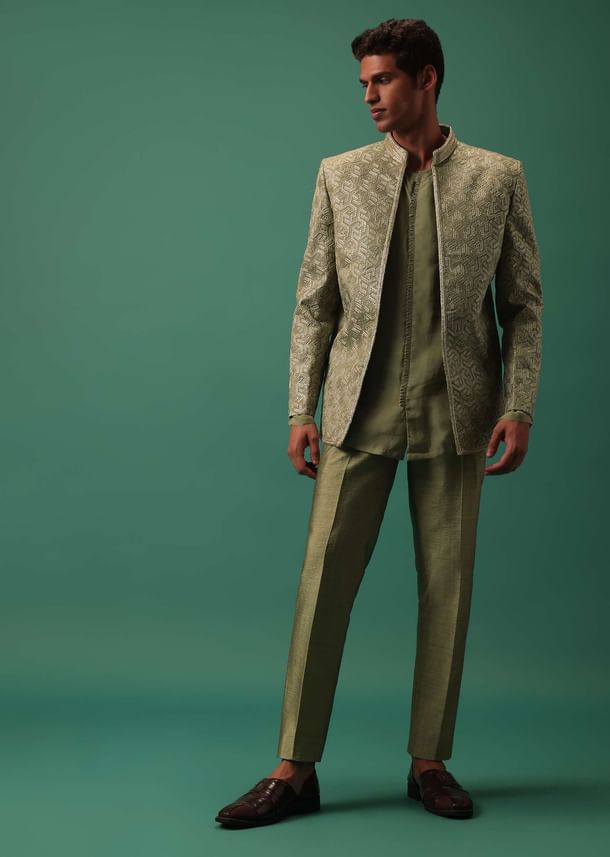 Green Foil Embroidered Jodhpuri Jacket Set With Detailed Organza Kurta Green Foil Embroidered Jodhpuri Jacket Set With Detailed Organza Kurta