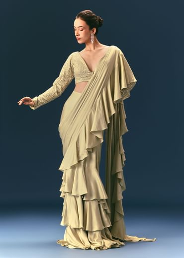 Green Frill Draped Saree With Embellished Blouse