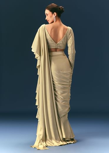 Green Frill Draped Saree With Embellished Blouse