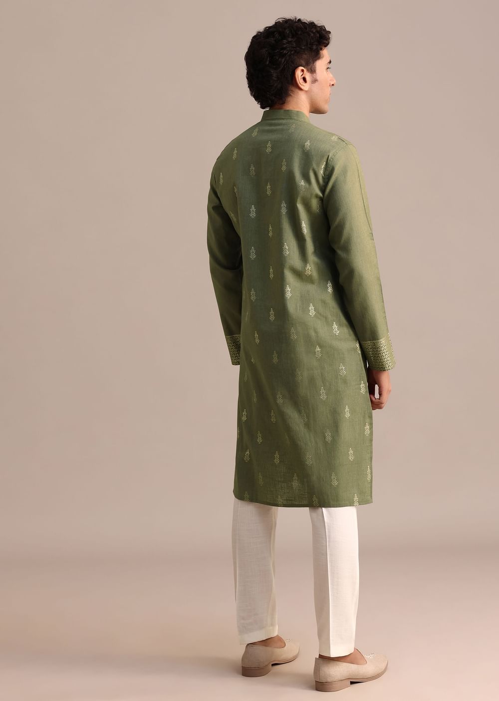 Green Hand Block Printed Kurta Set For Men