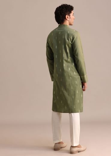 Green Hand Block Printed Kurta Set For Men
