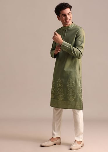 Green Hand Block Printed Kurta Set For Men