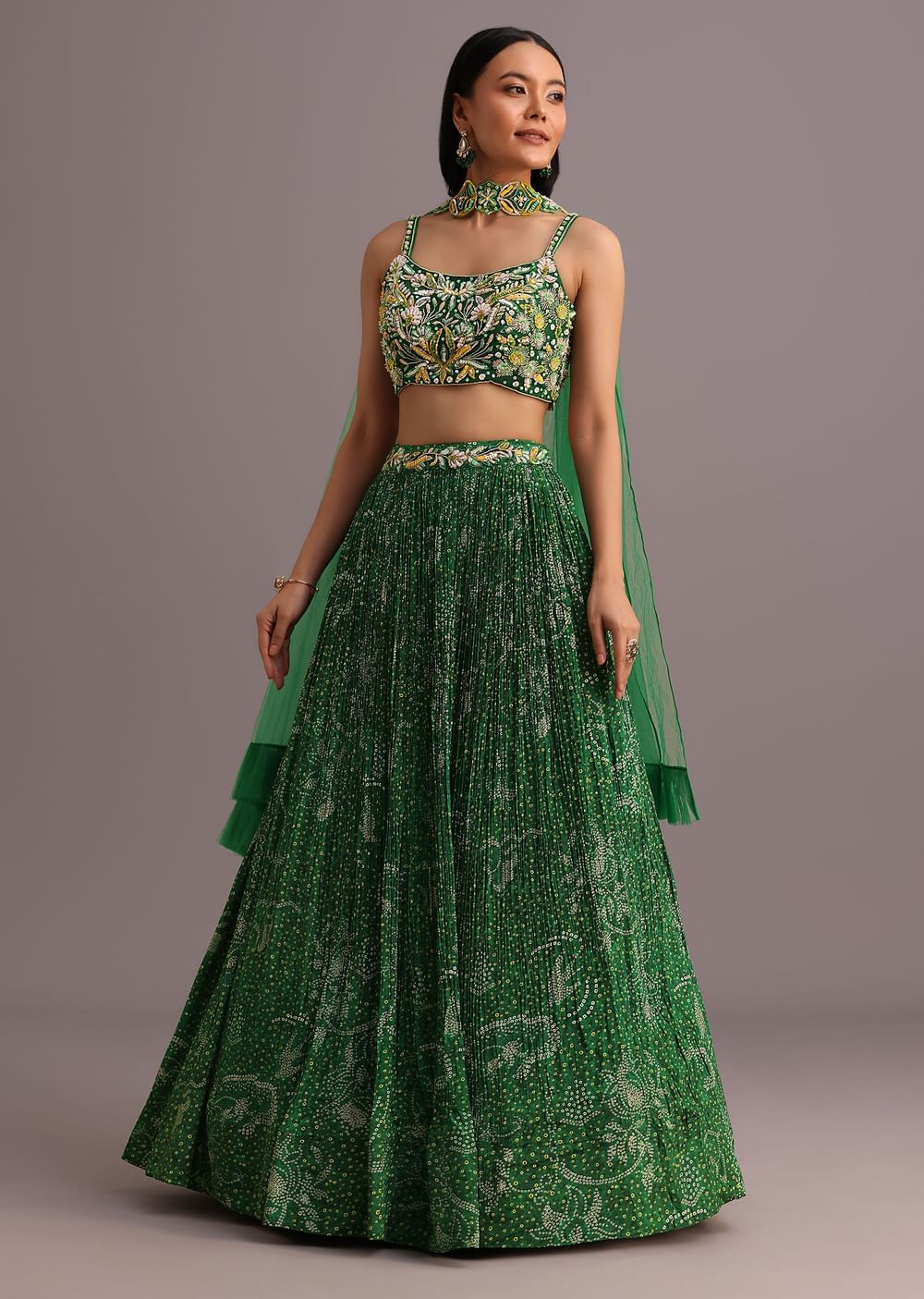 Green Hand Embroidered Choli With Bandhani Print Lehenga And Net Dupatta