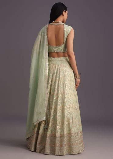 Green Hand Work Choli And Banarasi Weave Lehenga With Butti Work Dupatta