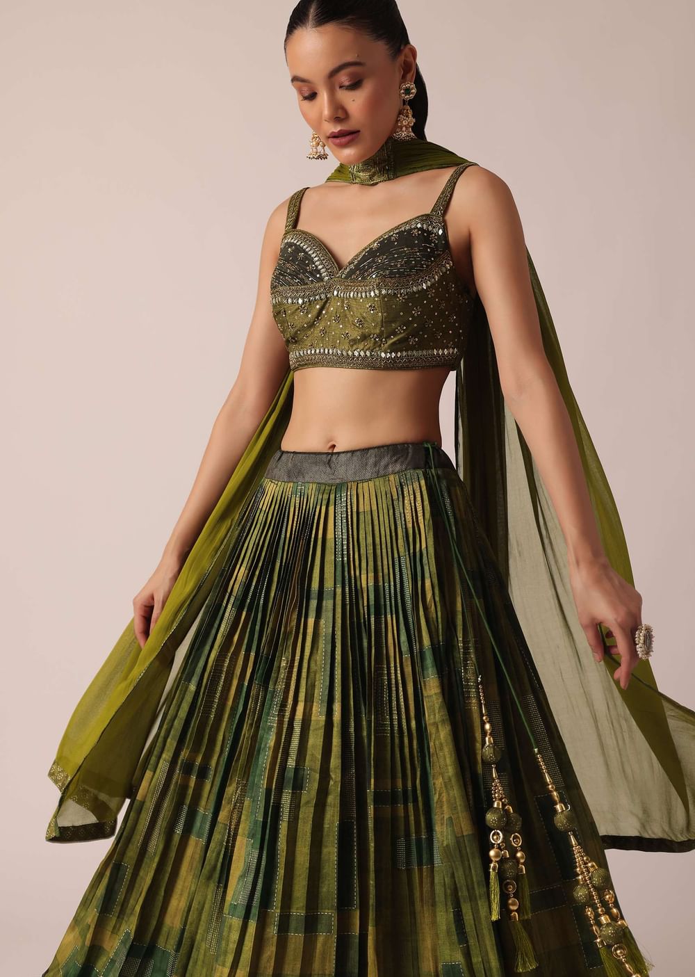 Green Handloom Lehenga Set With Sequin Embroidery