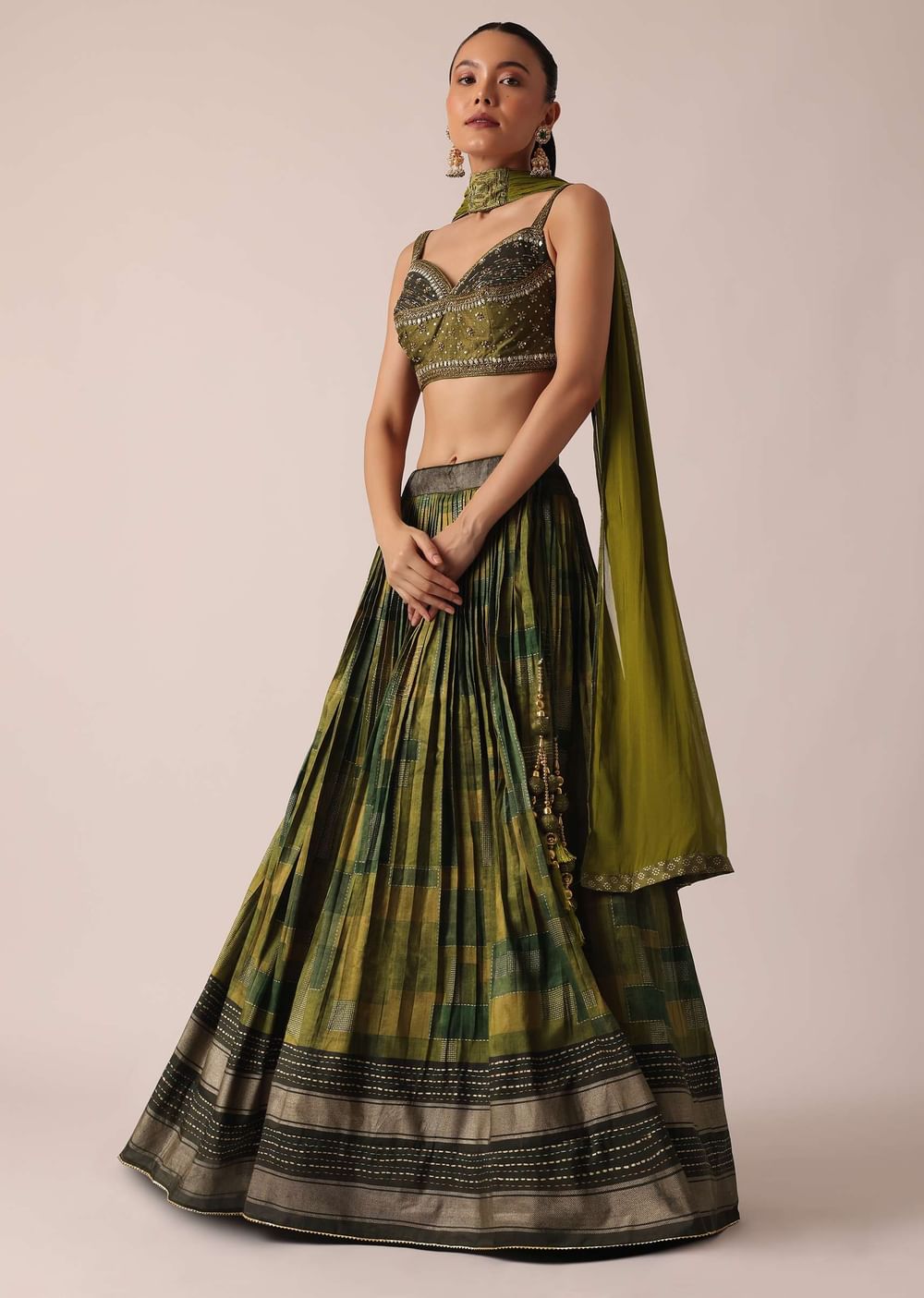 Green Handloom Lehenga Set With Sequin Embroidery