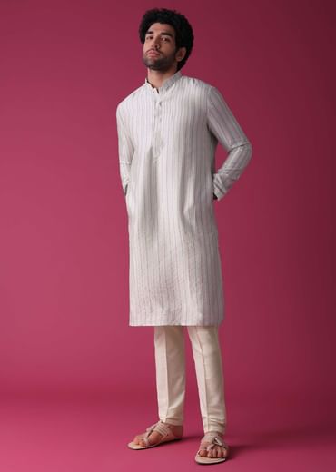 Green Jacket Kurta Set In Art Silk With Threadwork