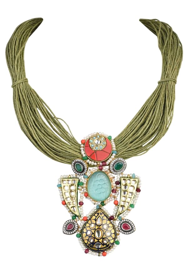 Green Jute Pendant Necklace With Studded Stones Green Jute Pendant Necklace With Studded Stones