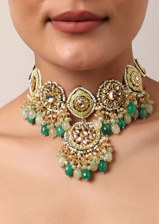 Green Kundan Choker Set With Beads And Pendant Drops Green Kundan Choker Set With Beads And Pendant Drops