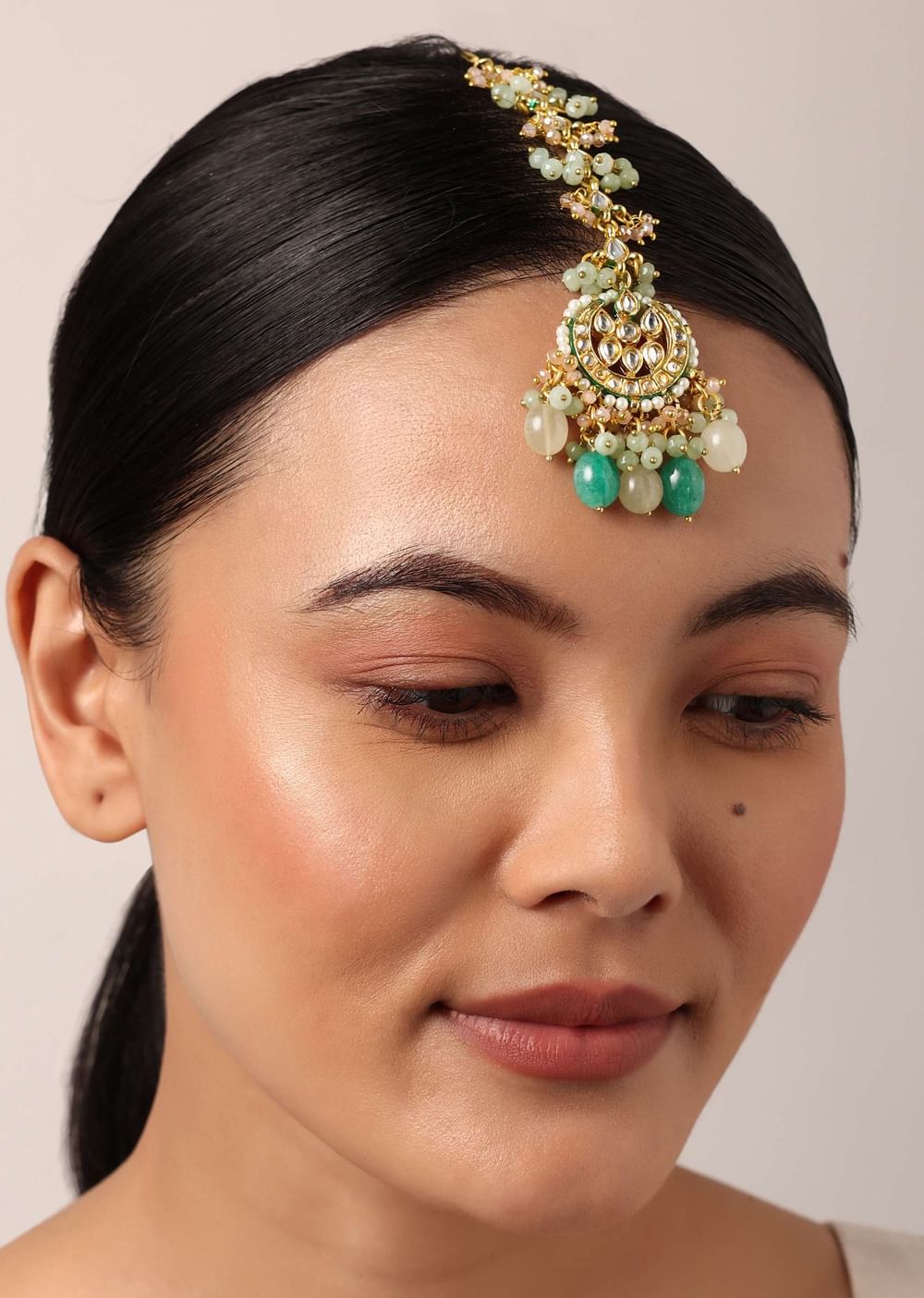 Green Kundan Choker Set With Beads And Pendant Drops