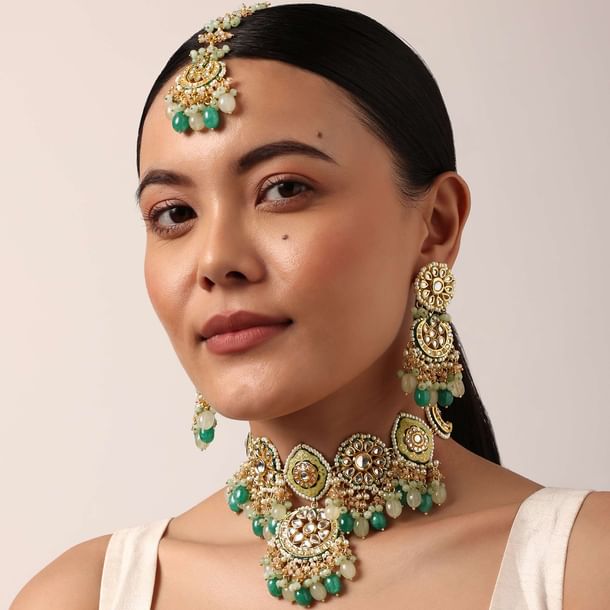 Green Kundan Choker Set With Beads And Pendant Drops Green Kundan Choker Set With Beads And Pendant Drops