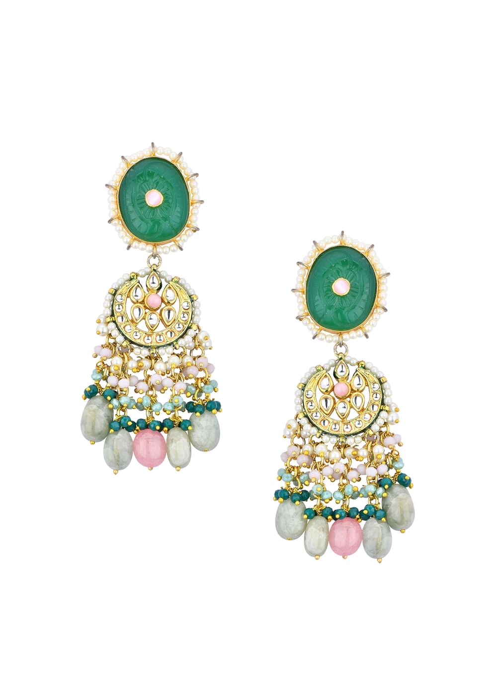 Green Kundan Choker Set With Carved Stones And Pink Beads