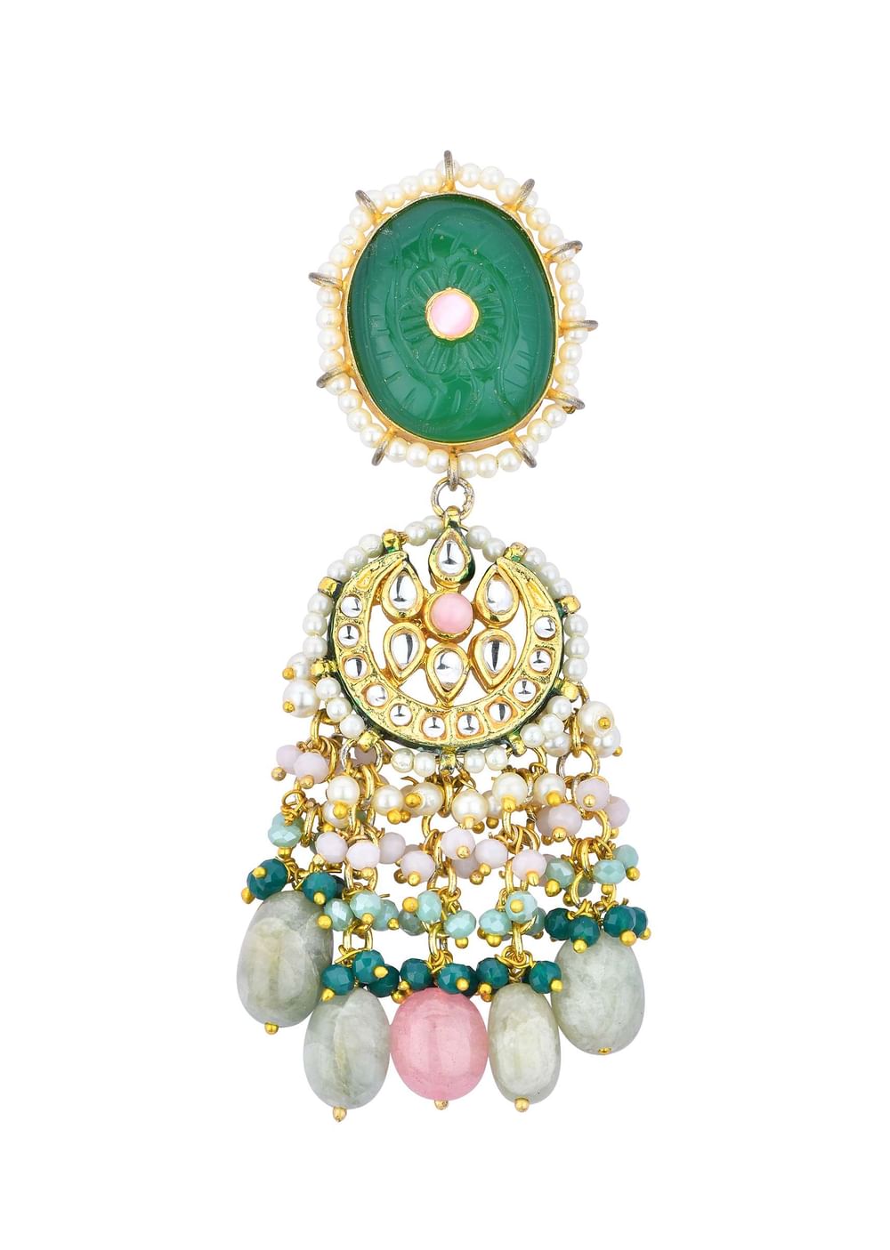 Green Kundan Choker Set With Carved Stones And Pink Beads