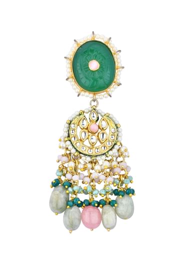 Green Kundan Choker Set With Carved Stones And Pink Beads