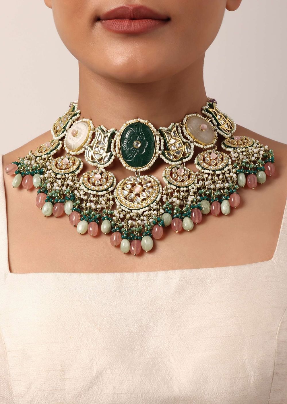 Green Kundan Choker Set With Carved Stones And Pink Beads