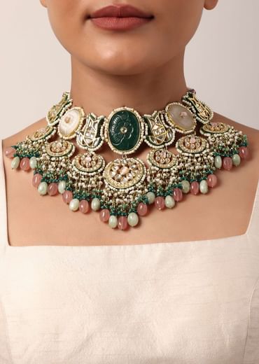 Green Kundan Choker Set With Carved Stones And Pink Beads