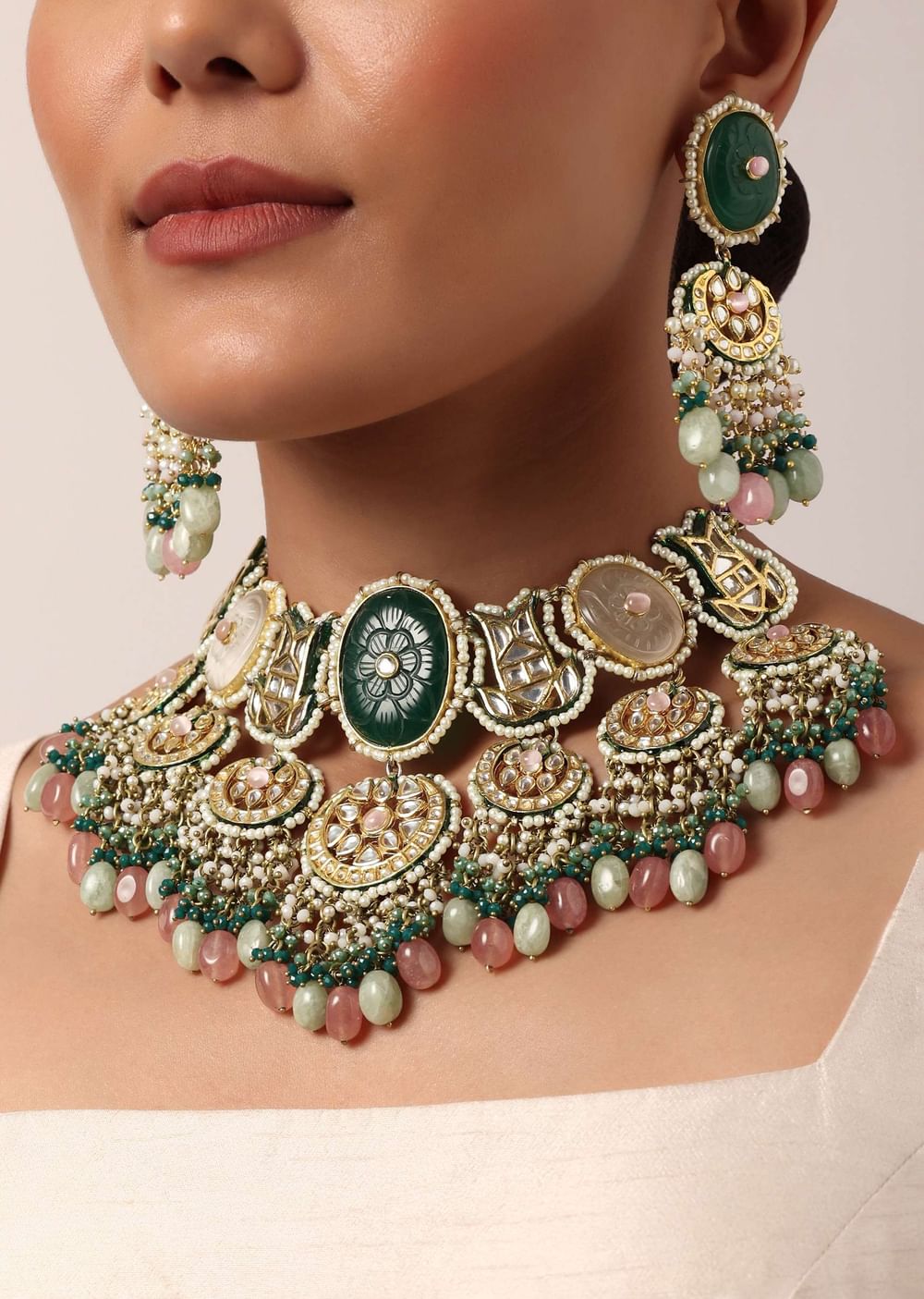 Green Kundan Choker Set With Carved Stones And Pink Beads