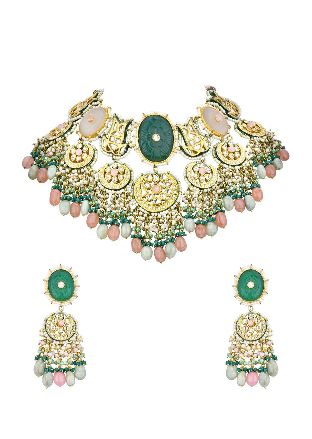 Green Kundan Choker Set With Carved Stones And Pink Beads
