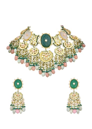 Green Kundan Choker Set With Carved Stones And Pink Beads
