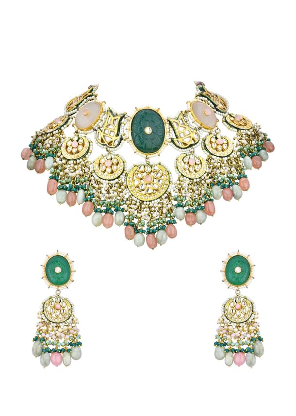 Green Kundan Choker Set With Carved Stones And Pink Beads