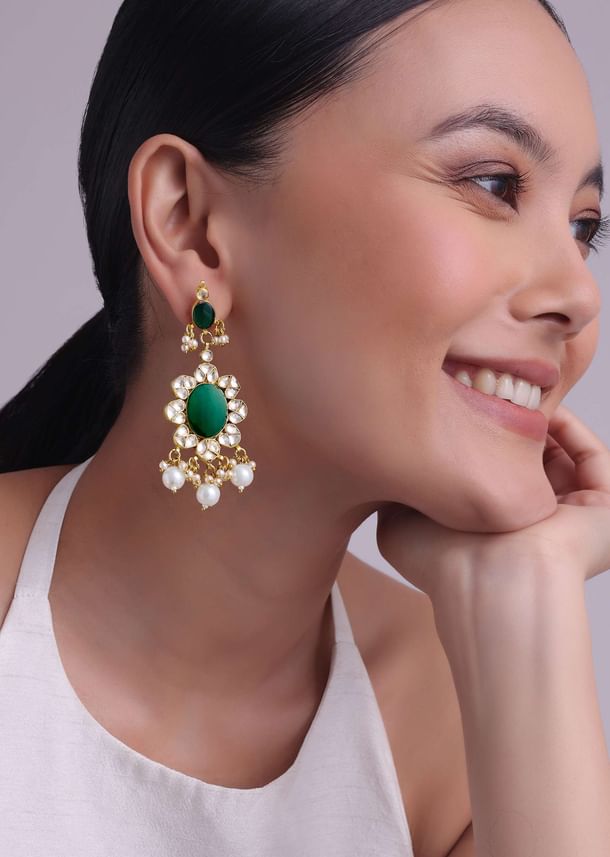 Green Kundan Danglers With Emerald Onyx And Pearls Green Kundan Danglers With Emerald Onyx And Pearls