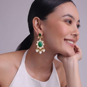 Green Kundan Danglers With Emerald Onyx And Pearls
