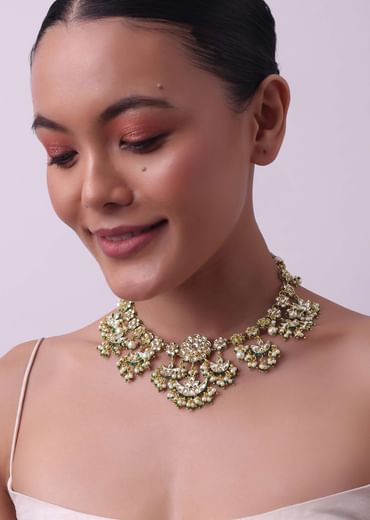Green Kundan Necklace Set With Chandbalis In Mix Metal
