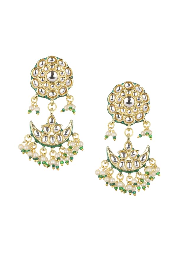 Green Kundan Necklace Set With Chandbalis In Mix Metal