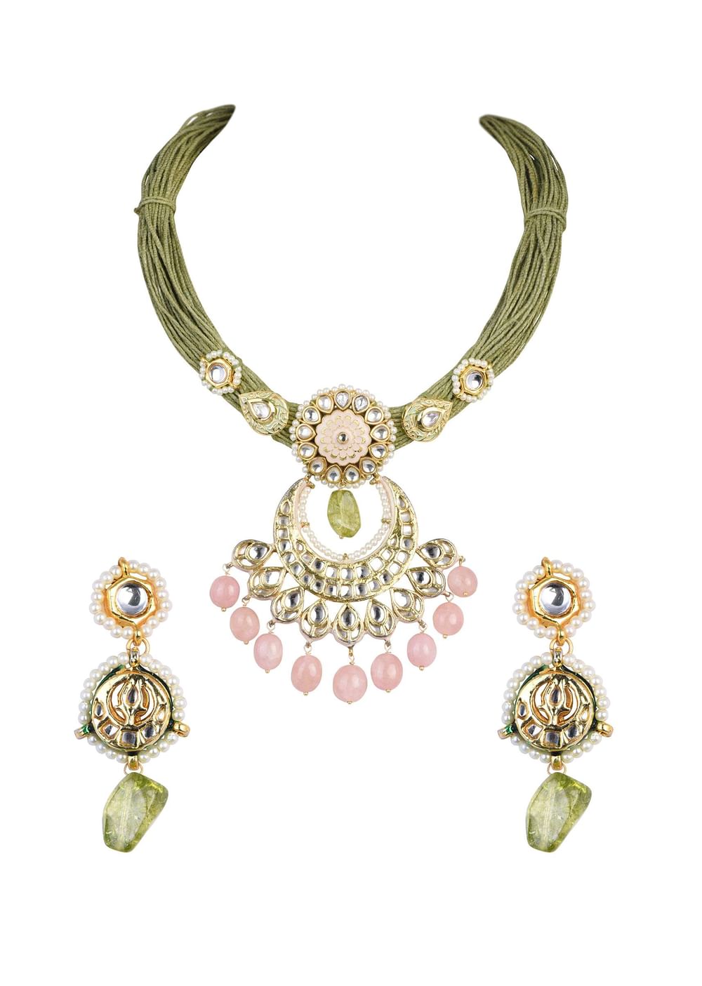 Green Kundan Pendant Necklace Set With Pink Bead Drops And Crescent Moon Motif