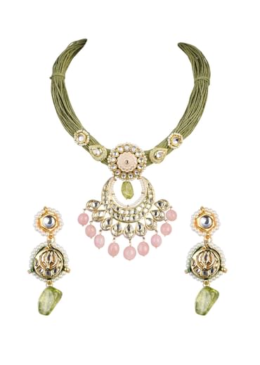 Green Kundan Pendant Necklace Set With Pink Bead Drops And Crescent Moon Motif